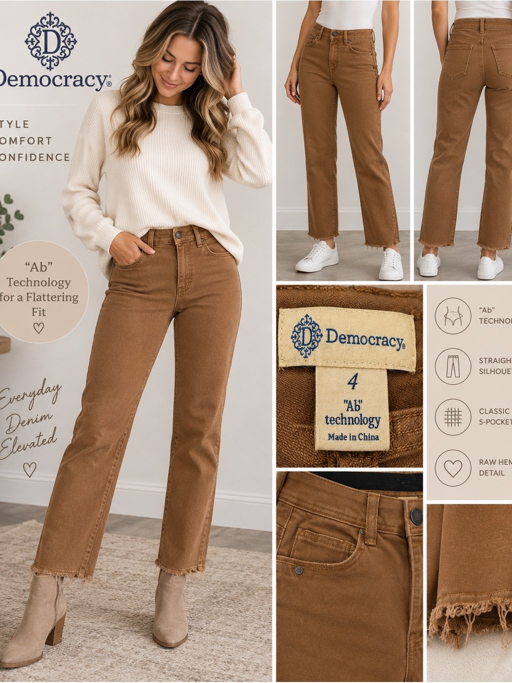 Democracy Ab Technology Brown Raw Hem Straight Leg Jeans Size 4